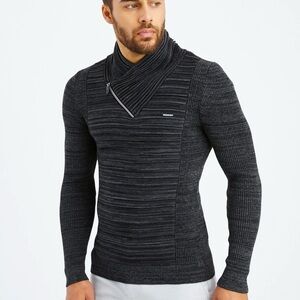 Leif Nelson Men's Black Anthracite Fine Knit Sweater W Zipper Shawl Collar Slim
